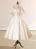 White Satin Square Neck Short Sleeve Lace Up Wedding Dress