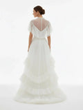 High Split A Line See through Short Sleeves Ruffle Tulle Wedding Dresses