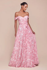 TILDA GOWN ROSE OFF THE SHOULDER FLORAL PRINTED A LINE DRESS