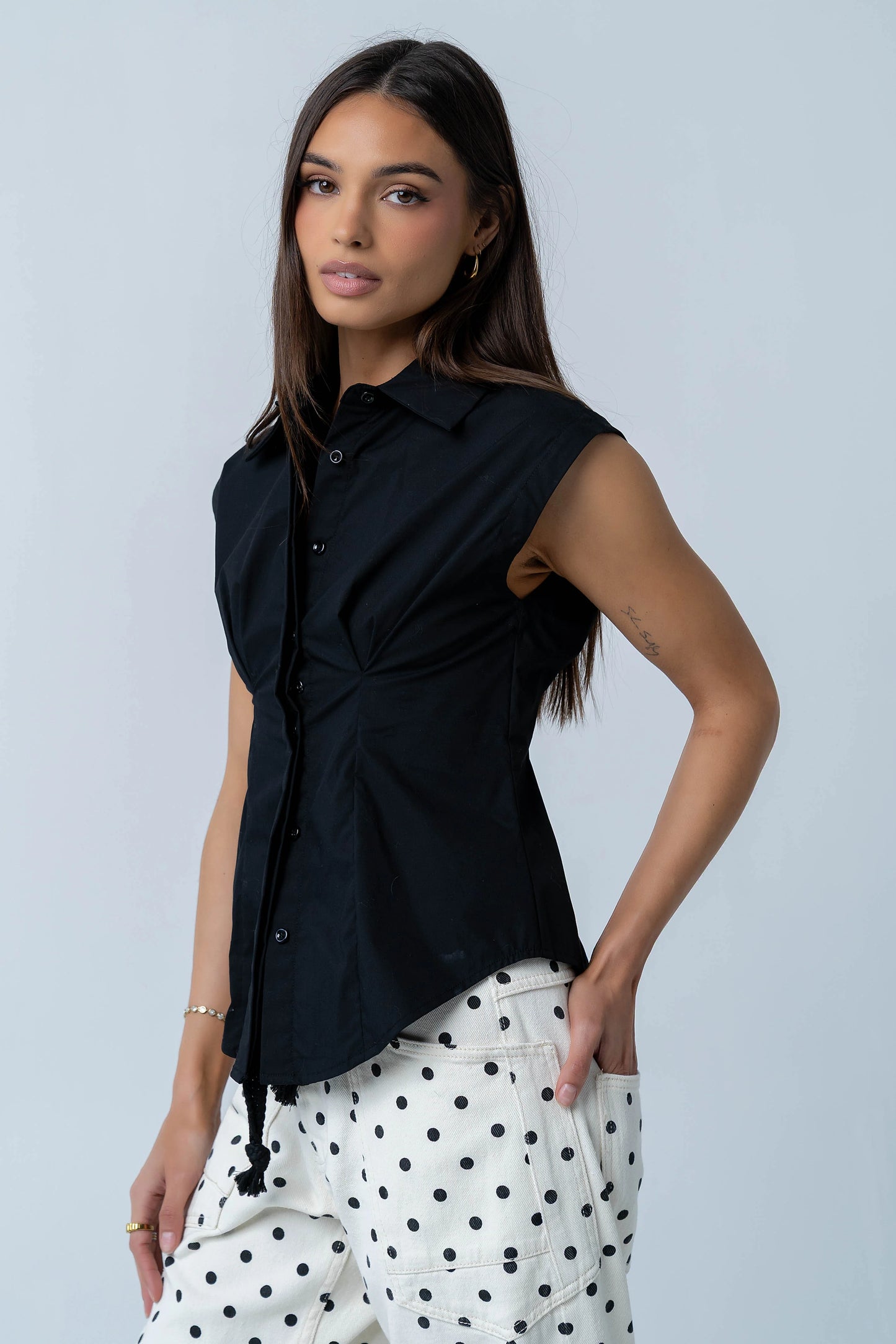 Remi Pleated Button Up in Black