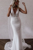 Sparkly Mermaid V Neck Sequins Lace Long Wedding Dresses