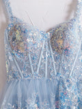 Blue Crystal Sequins Princess A Line Off the Shoulder Prom Dress with Lace Ruffles