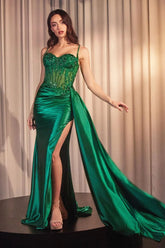 Teagan Gown Emerald Fitted Satin Lace Dress