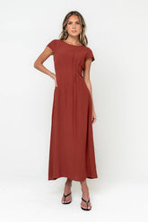 Carolina Pleated Maxi Dress in Brick