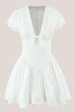 White Cotton A Line V Neck Mini Dress