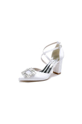 White Satin Pump with Crystal Embellished Cross Strap