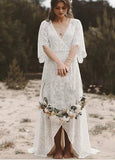 Bohemian Lace Deep V Neck Half Sleeves A Line Beach Wedding Dresses