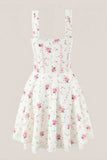White Warm Rose Print Cotton Mini Dress
