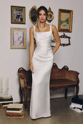 Toby Maxi Off White Satin Dress with Lace Up Back Scarf