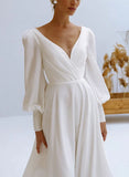 A Line V Neck Long Sleeves Chiffon Wedding Dresses With Beading