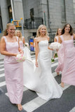 Pink Straps Sheath Square Neck Satin Sleeveless Long Bridesmaid Dress