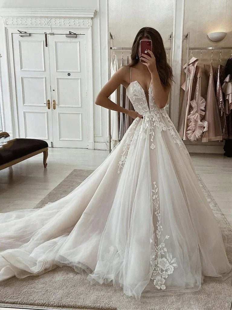 A Line Spaghetti Straps Deep V Neck White Lace Appliques Wedding Dress