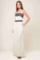 MEET AT THE PIER CREAM RIC RAC TRIM WIDE LEG JUMPSUIT