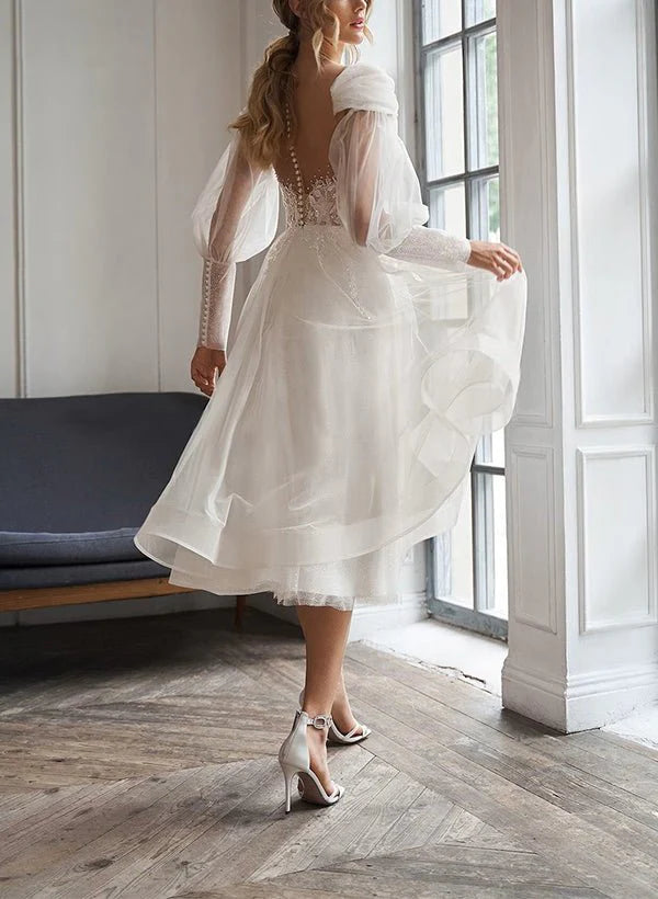 A Line Sweetheart Long Sleeves Elegant Tulle Wedding Dresses With Appliques Lace