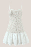 White Warm Rose Print Cotton Ruffled Mini Dress