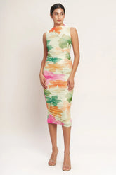 COLORFUL CONFIDENCE POWER MESH MIDI DRESS