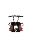 Black Ankle Straps Open Toe Chunky Heels with Flower Rhinestones