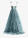 Dusty Blue A line Butterfly Lace Lilac Corset Prom Dress with Slit
