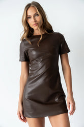 Moxie Vegan Leather Mini Dress in Brown FINAL SALE
