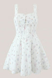 White Warm Rose Print Cotton Ruffled Mini Dress