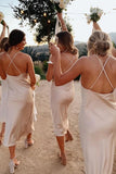 Spaghetti Straps Cowl Neck Tea Length Champagne Sheath Bridesmaid Dress