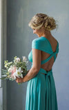 A Line Halter Neck Jersey Bridesmaid Dress With Half Sleeves And Straps Back