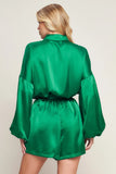 CELEBRATION TIME GREEN SATIN ROMPER WITH LONG SLEEVES FINAL SALE