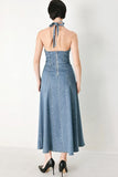 BLUE HALTER DENIM MIDI DRESS