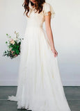 Beach Chiffon A Line Simple White Wedding Dress with Short Sleeves
