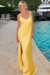 Sheath V Neck Tie Back Maxi Dress with Slit in Yellow