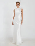Sheath High Bateau Neck Backless Silk Satin Wedding Dress