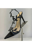 Black Slingback Open Toe Stiletto High Heels with Rhinestones