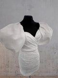 Sheath White Puff Sleeves Short V Neck Wedding Dress