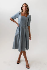 Paisley Smocked Midi Dress in Slate Blue FINAL SALE