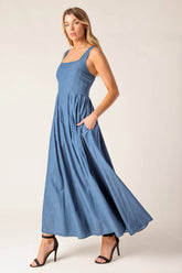 BLUE RIDGE DREAMS PINTUCK DENIM MIDI DRESS