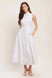 PEARL BUTTON DOWN WHITE MIDI DRESS