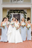 Strapless Tie Front Sky Blue Sheath Long Bridesmaid Dress