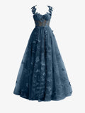 Navy Blue A line Butterfly Lace Lilac Corset Prom Dress with Slit