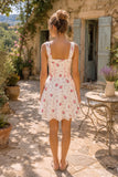 White Warm Rose Print Cotton Mini Dress
