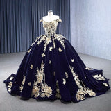 Navy Blue Velvet Quinceañera Dress With Train 3D Flower Appliques Ball Gown