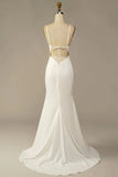 Simple Spaghetti Straps Long Soft Satin Ivory Mermaid Beach Wedding Dresses