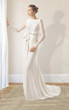 Simple Modest Chiffon Long Sleeve Wedding Dress With Decoratived Buttons and Bow