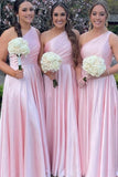 Light Pink One Shoulder A line Satin Long Bridesmaid Dress with Slit