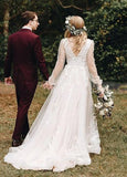 Long Bohemian Wedding Dresses Illusion Sleeves V Neck Back