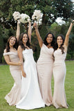 Mermaid Off the Shoulder Champagne Elastic Satin Long Bridesmaid Dresses