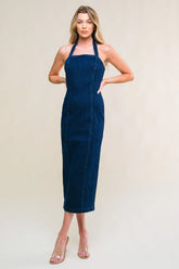 SO QUINTESSENTIAL BODYCON HALTER DENIM MIDI DRESS