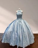 Halter Beaded Sky Blue Satin Ball Gown Quinceañera Dress