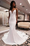 Unique Mermaid V Neck Satin Wedding Dress with Appliques