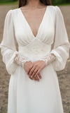 A Line Floor Chiffon Long Sleeve Wedding Dress with Sequins and Train