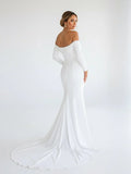 Simple White Boho Mermaid Long Wedding Dress with Sleeves